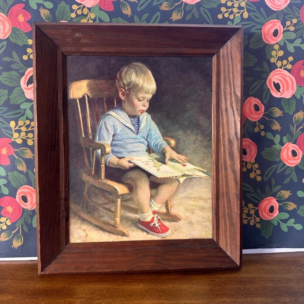 Vintage "Gary" Framed Lithograph by James Ingwersen Folk Art Nursery Cottagecore